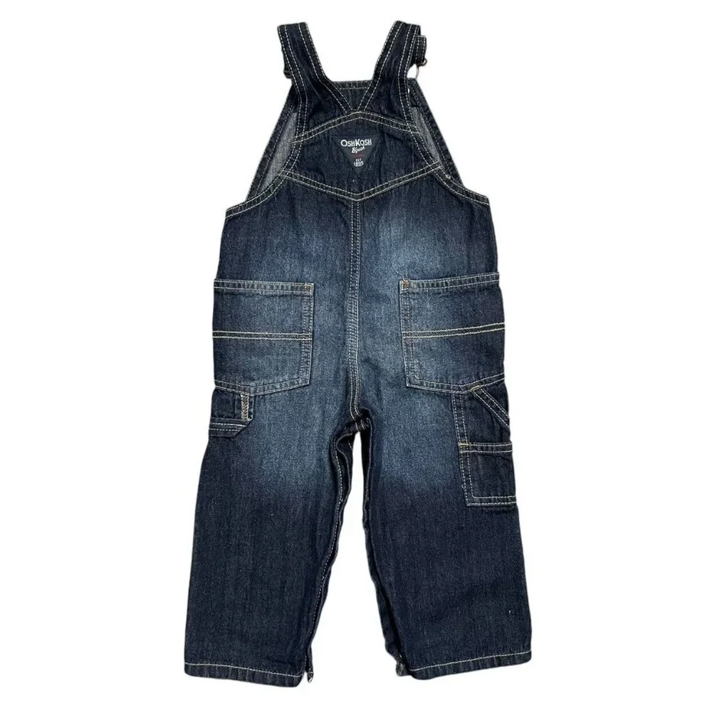 OshKosh 18m Denim Red Logo Appliqué Overalls